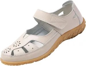 AngryMonkey Women's Summer Casual Flat Leather Sandals,Comfort Closed Toe Orthopedic Softsole Hook Loop Beach Mary Jane Shoes