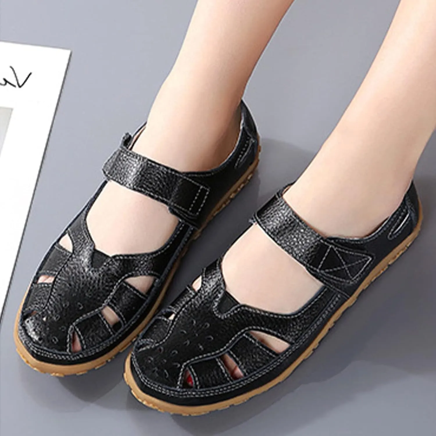 AngryMonkey Women's Summer Casual Flat Leather Sandals,Comfort Closed Toe Orthopedic Softsole Hook Loop Beach Mary Jane Shoes