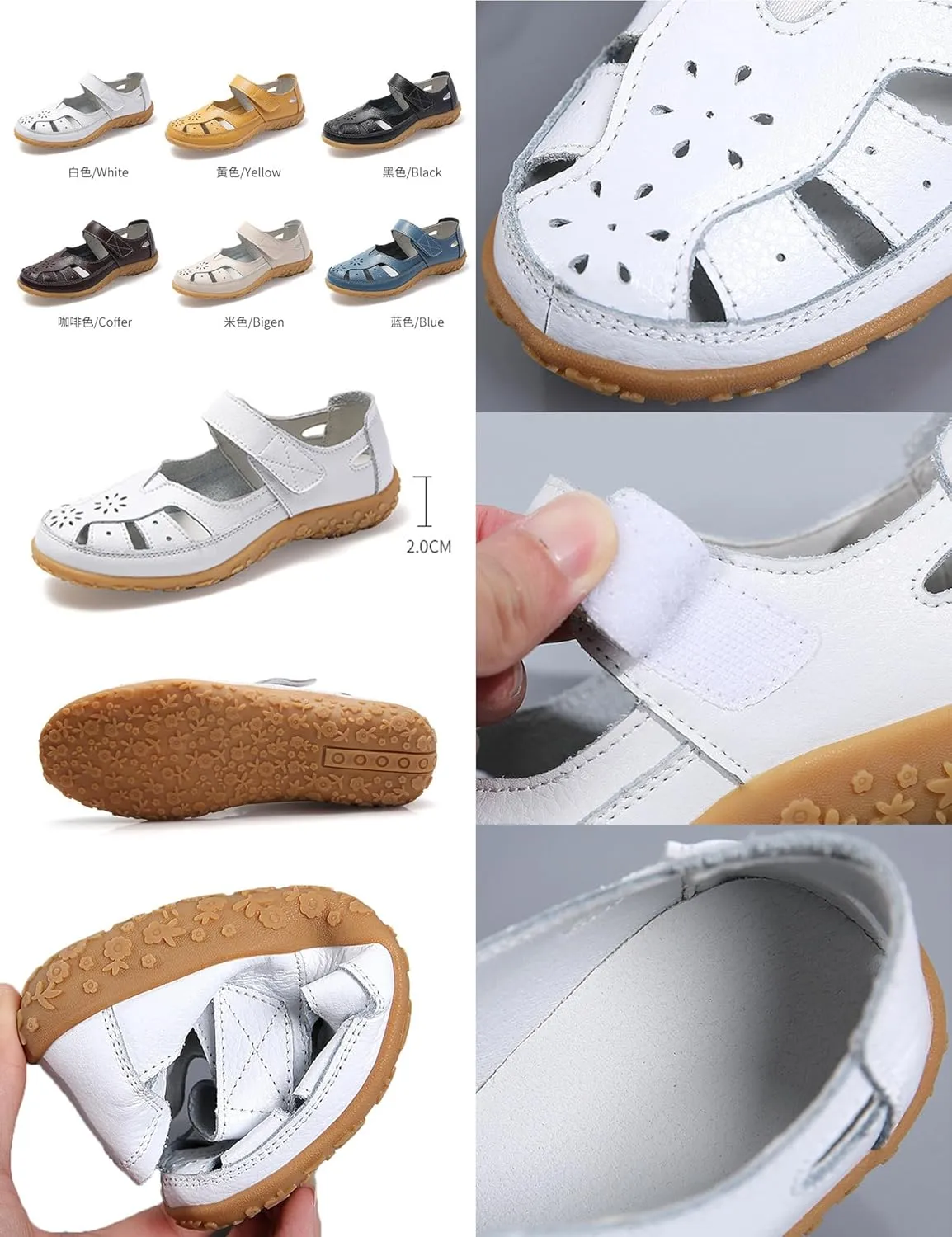 AngryMonkey Women's Summer Casual Flat Leather Sandals,Comfort Closed Toe Orthopedic Softsole Hook Loop Beach Mary Jane Shoes