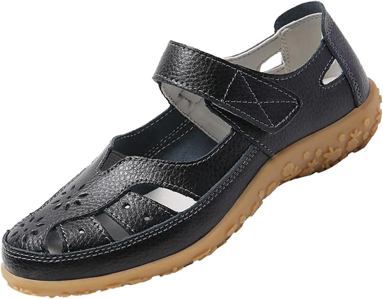 AngryMonkey Women's Summer Casual Flat Leather Sandals,Comfort Closed Toe Orthopedic Softsole Hook Loop Beach Mary Jane Shoes