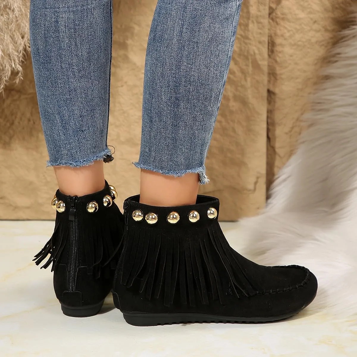 Ankle Boots for Women Low Heel Moccasins Fringe Retro Suede Leather Tassel Studded Moccasins Comfy Non Slip Shoes