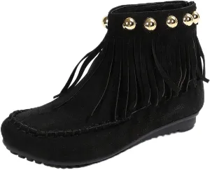 Ankle Boots for Women Low Heel Moccasins Fringe Retro Suede Leather Tassel Studded Moccasins Comfy Non Slip Shoes
