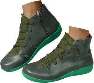 Ankle Boots for Women Low Heel Orthopedic Boots Arch Support Leather Comfortable Side Zip Fall Winter Wedge Booties
