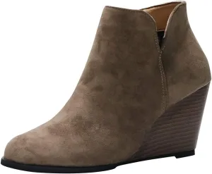 Ankle Boots for Women Winter Fashion Round Toe Booties Leather Platform Wedges Boots Back Zip Vintage Snow Booties