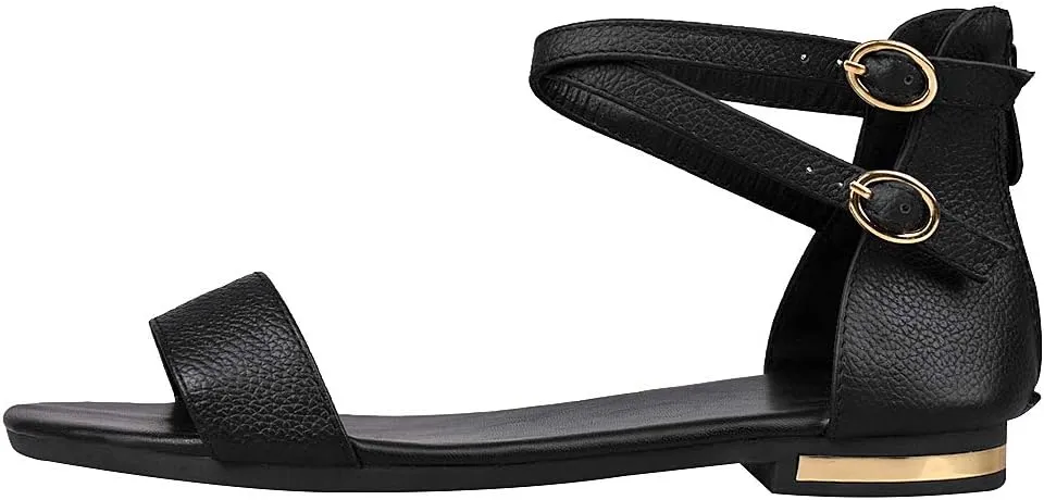 ANUFER Women's Genuine Leather Crossing Ankle Straps Sandals Flat Open-toe Back Zipper Summer Pumps Shoes