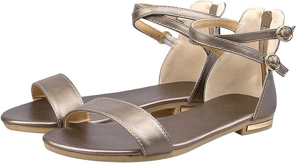 ANUFER Women's Genuine Leather Crossing Ankle Straps Sandals Flat Open-toe Back Zipper Summer Pumps Shoes
