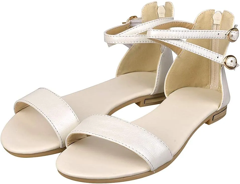 ANUFER Women's Genuine Leather Crossing Ankle Straps Sandals Flat Open-toe Back Zipper Summer Pumps Shoes