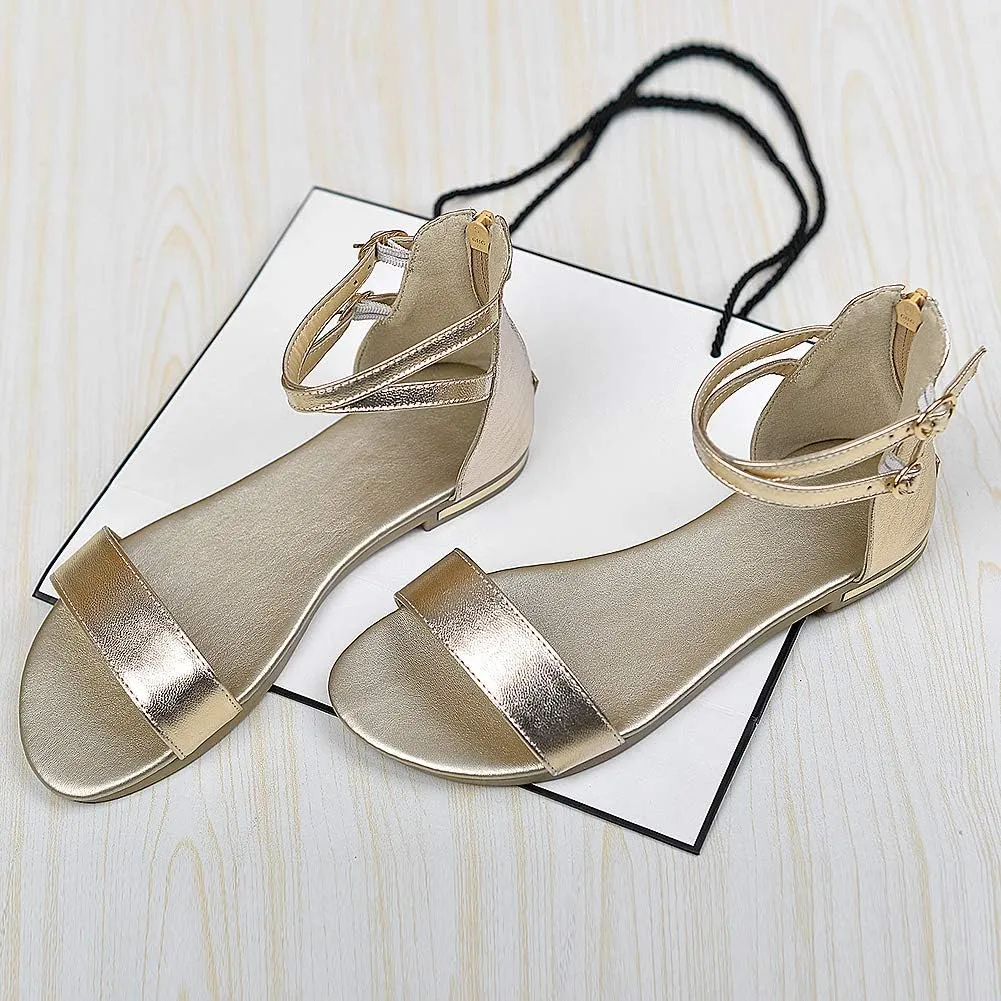 ANUFER Women's Genuine Leather Crossing Ankle Straps Sandals Flat Open-toe Back Zipper Summer Pumps Shoes