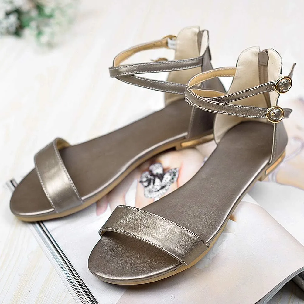 ANUFER Women's Genuine Leather Crossing Ankle Straps Sandals Flat Open-toe Back Zipper Summer Pumps Shoes