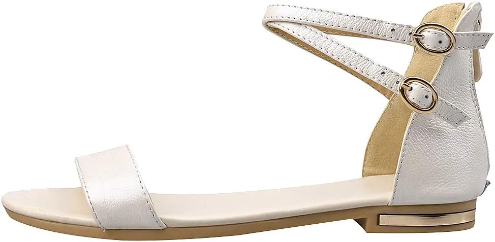 ANUFER Women's Genuine Leather Crossing Ankle Straps Sandals Flat Open-toe Back Zipper Summer Pumps Shoes