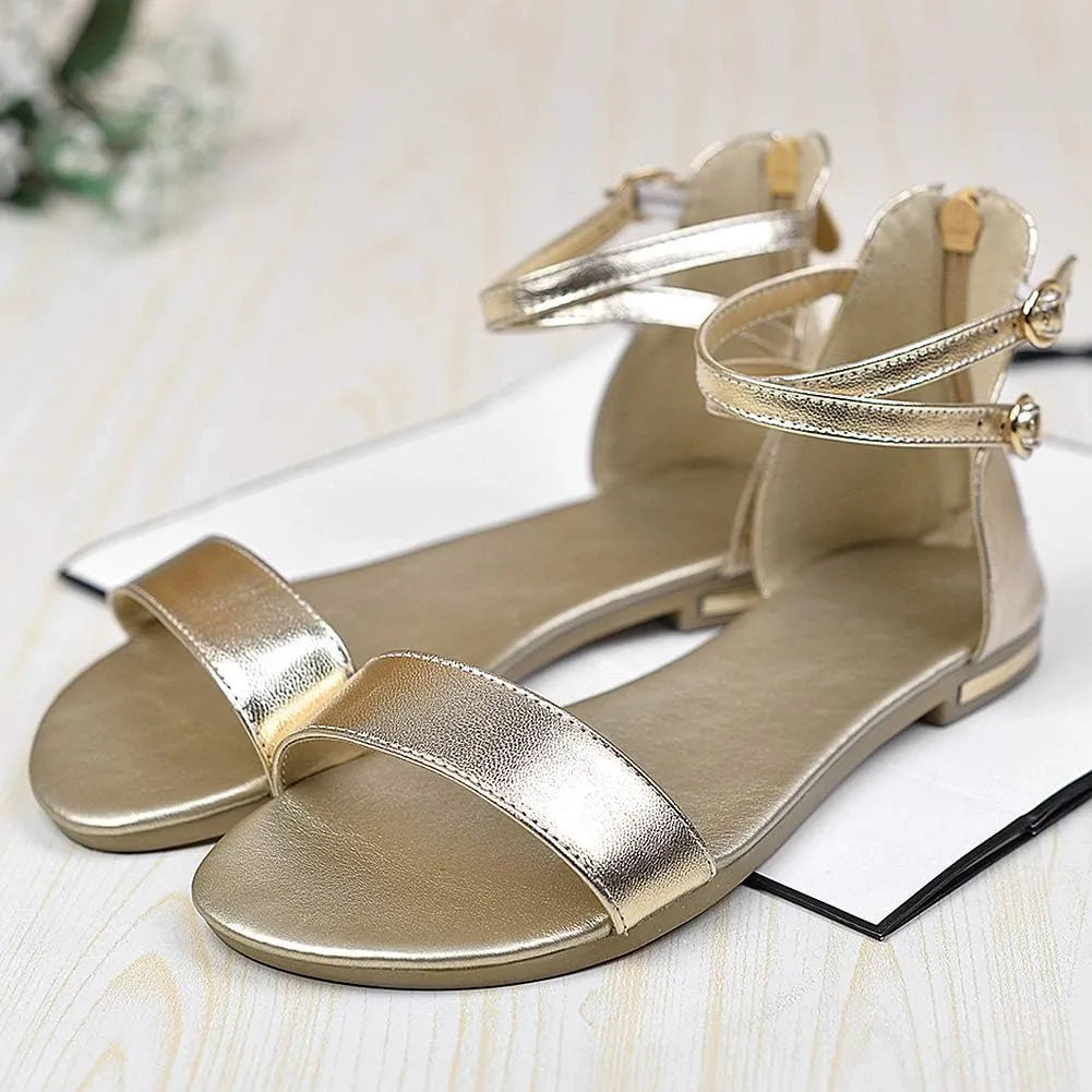 ANUFER Women's Genuine Leather Crossing Ankle Straps Sandals Flat Open-toe Back Zipper Summer Pumps Shoes