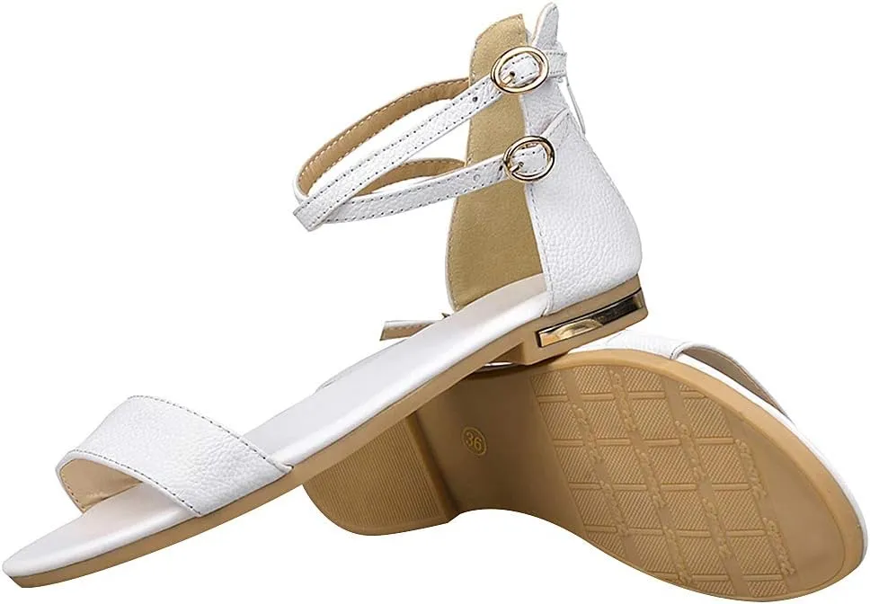 ANUFER Women's Genuine Leather Crossing Ankle Straps Sandals Flat Open-toe Back Zipper Summer Pumps Shoes