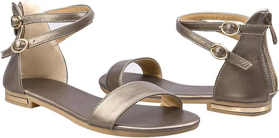 ANUFER Women's Genuine Leather Crossing Ankle Straps Sandals Flat Open-toe Back Zipper Summer Pumps Shoes