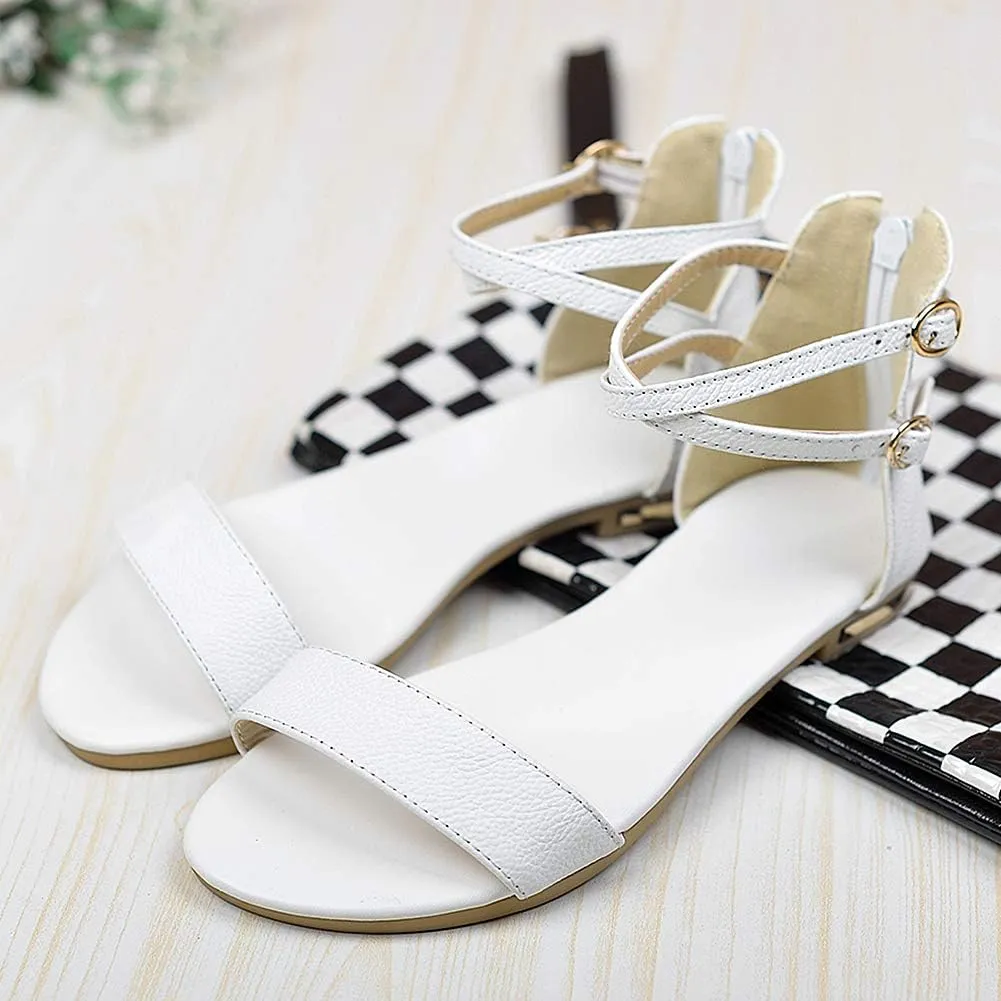 ANUFER Women's Genuine Leather Crossing Ankle Straps Sandals Flat Open-toe Back Zipper Summer Pumps Shoes