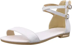 ANUFER Women's Genuine Leather Crossing Ankle Straps Sandals Flat Open-toe Back Zipper Summer Pumps Shoes