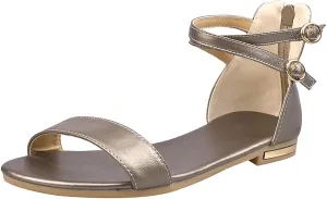 ANUFER Women's Genuine Leather Crossing Ankle Straps Sandals Flat Open-toe Back Zipper Summer Pumps Shoes