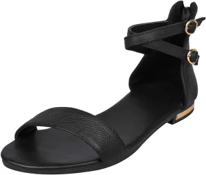 ANUFER Women's Genuine Leather Crossing Ankle Straps Sandals Flat Open-toe Back Zipper Summer Pumps Shoes
