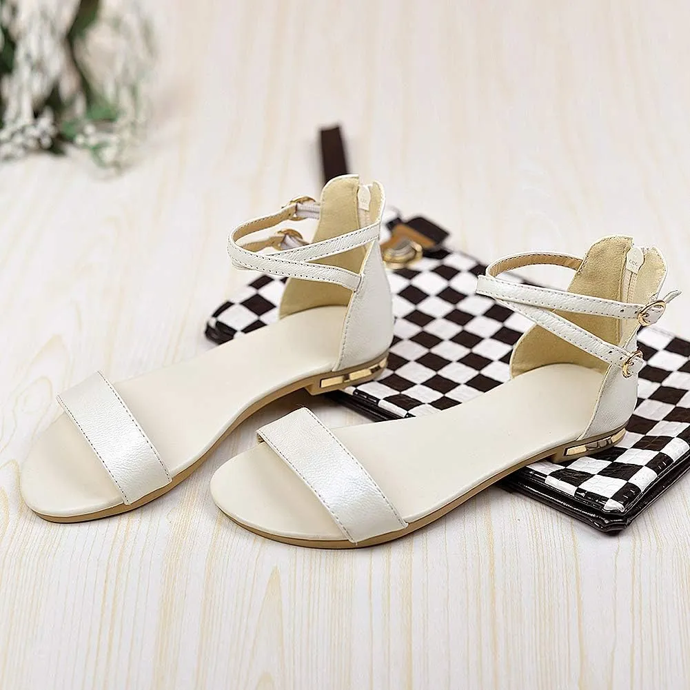 ANUFER Women's Genuine Leather Crossing Ankle Straps Sandals Flat Open-toe Back Zipper Summer Pumps Shoes