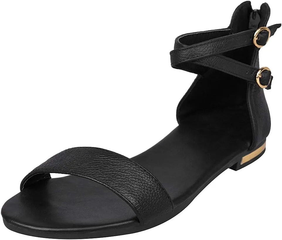 ANUFER Women's Genuine Leather Crossing Ankle Straps Sandals Flat Open-toe Back Zipper Summer Pumps Shoes