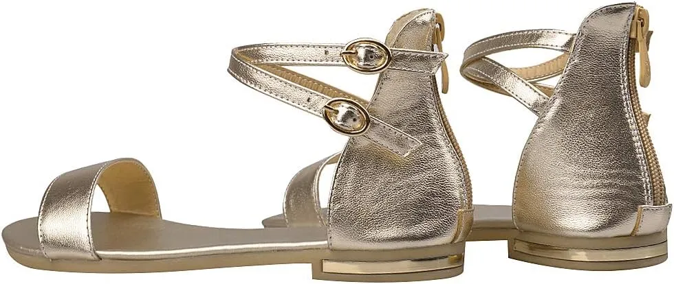 ANUFER Women's Genuine Leather Crossing Ankle Straps Sandals Flat Open-toe Back Zipper Summer Pumps Shoes