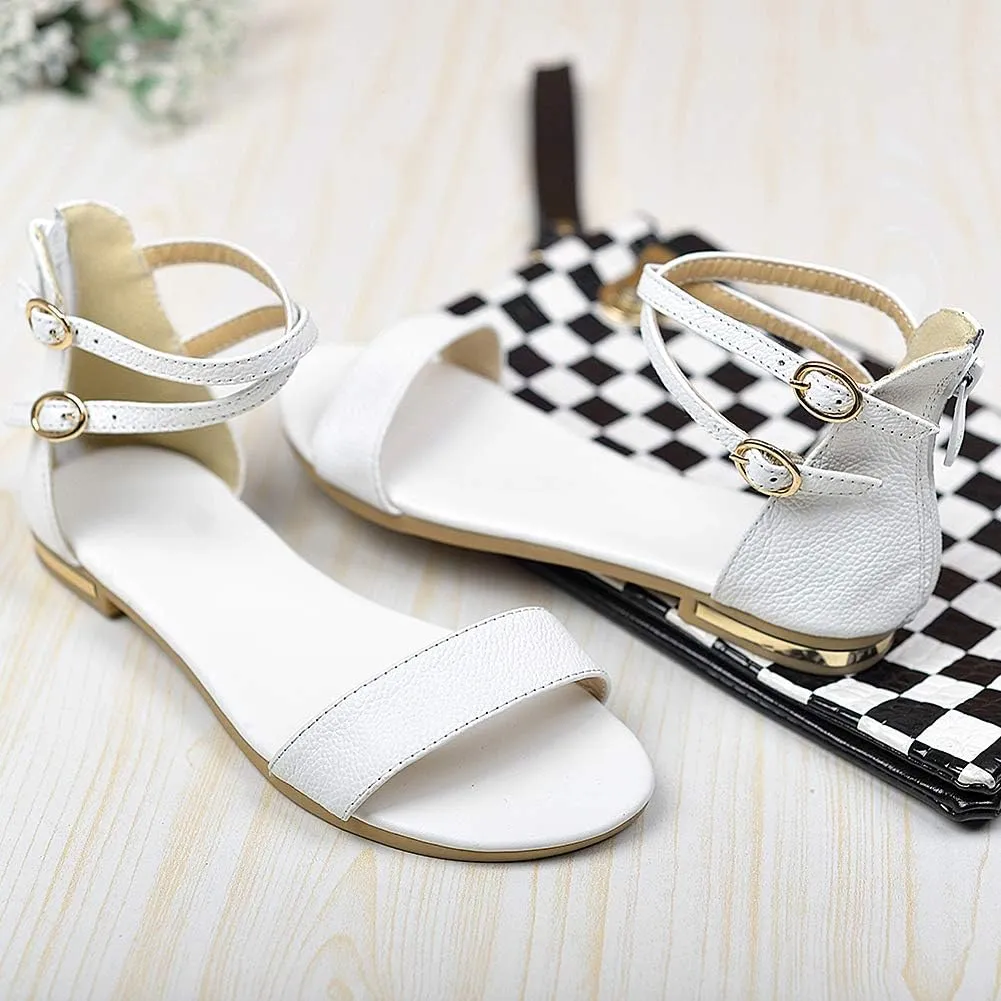 ANUFER Women's Genuine Leather Crossing Ankle Straps Sandals Flat Open-toe Back Zipper Summer Pumps Shoes
