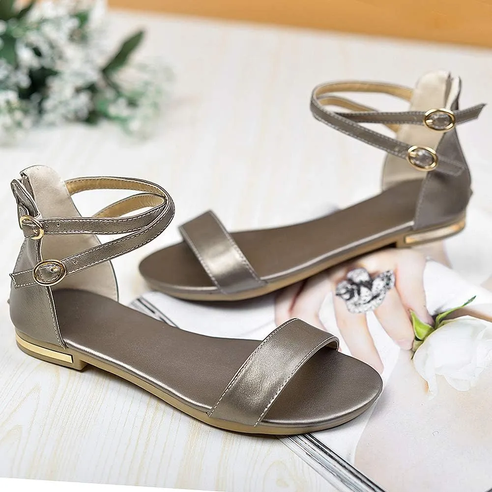 ANUFER Women's Genuine Leather Crossing Ankle Straps Sandals Flat Open-toe Back Zipper Summer Pumps Shoes