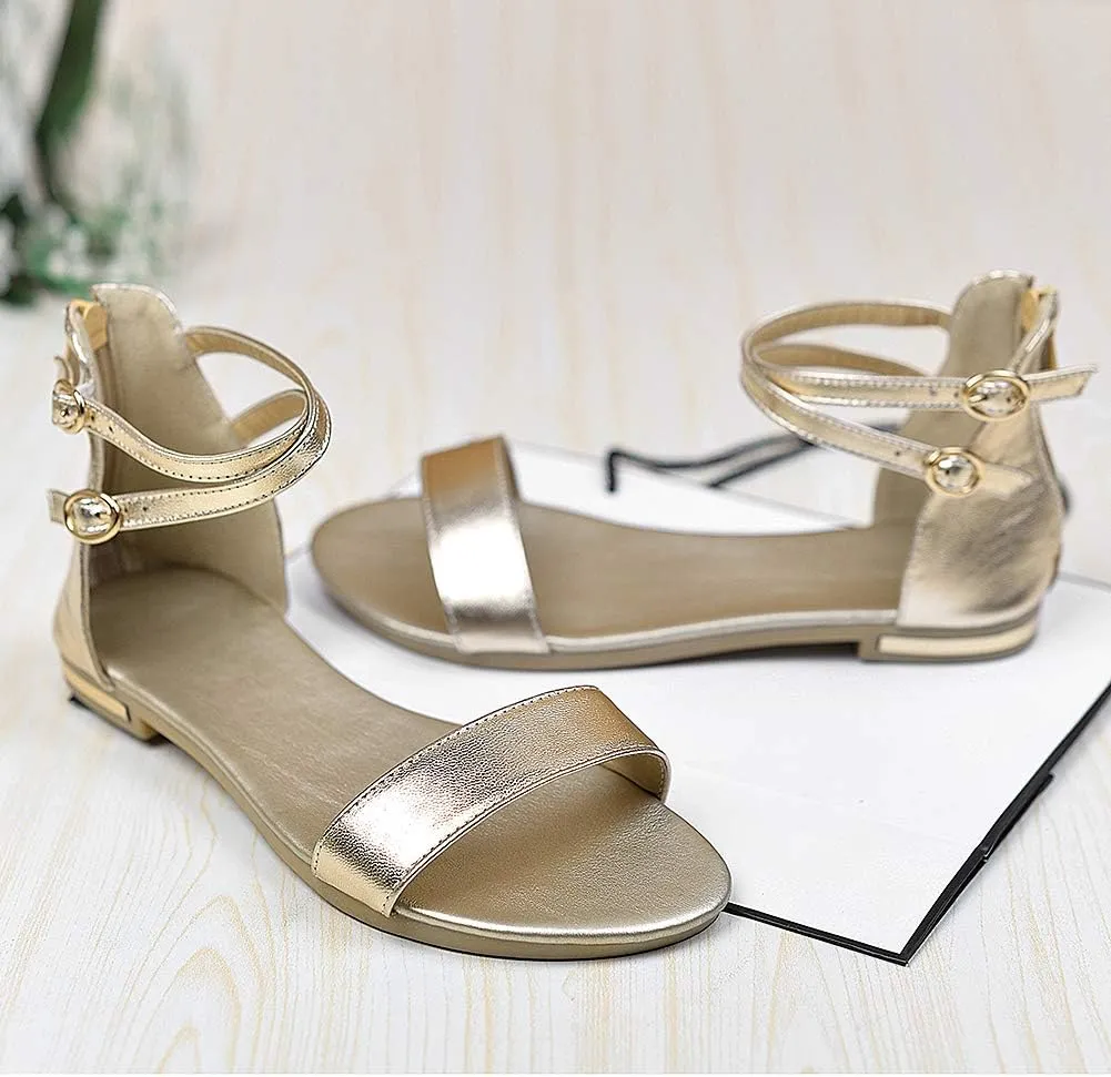 ANUFER Women's Genuine Leather Crossing Ankle Straps Sandals Flat Open-toe Back Zipper Summer Pumps Shoes