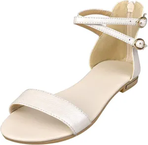 ANUFER Women's Genuine Leather Crossing Ankle Straps Sandals Flat Open-toe Back Zipper Summer Pumps Shoes
