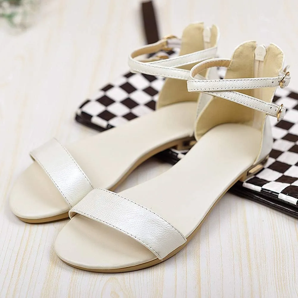 ANUFER Women's Genuine Leather Crossing Ankle Straps Sandals Flat Open-toe Back Zipper Summer Pumps Shoes
