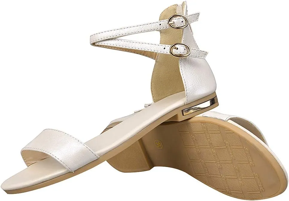 ANUFER Women's Genuine Leather Crossing Ankle Straps Sandals Flat Open-toe Back Zipper Summer Pumps Shoes