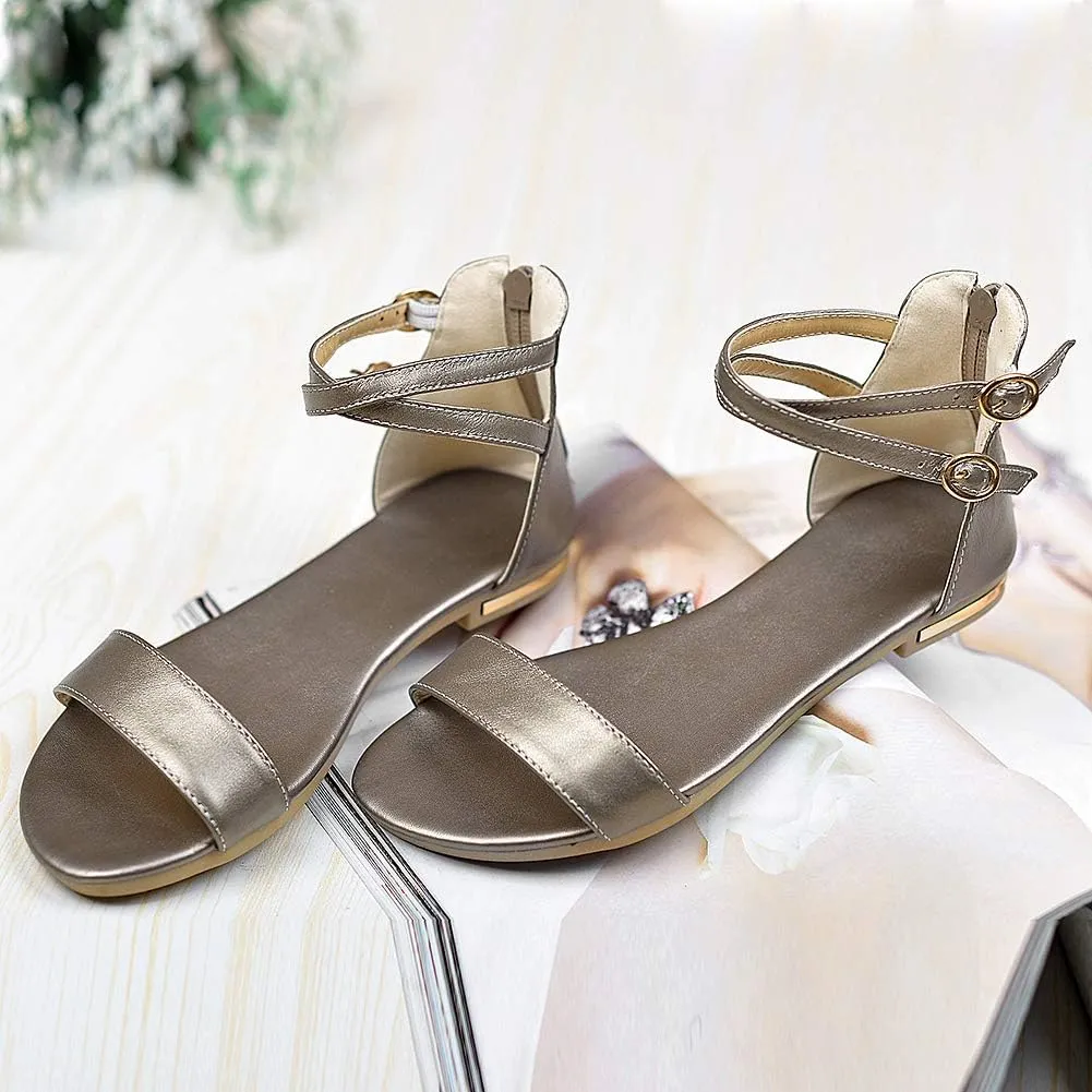 ANUFER Women's Genuine Leather Crossing Ankle Straps Sandals Flat Open-toe Back Zipper Summer Pumps Shoes