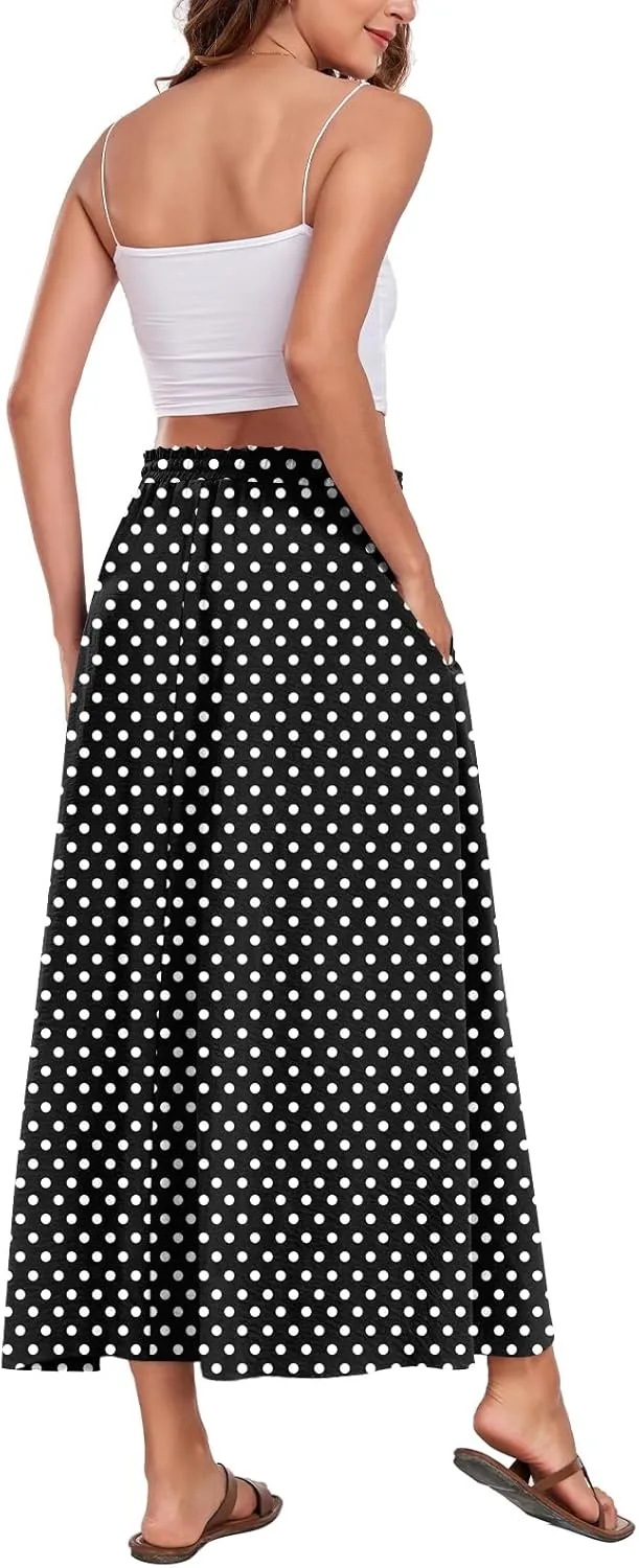 Aodemo Women's Flowy Maxi Skirt Summer Boho Pleated Elastic Waisted Casual Beach Long Skirts with Pockets