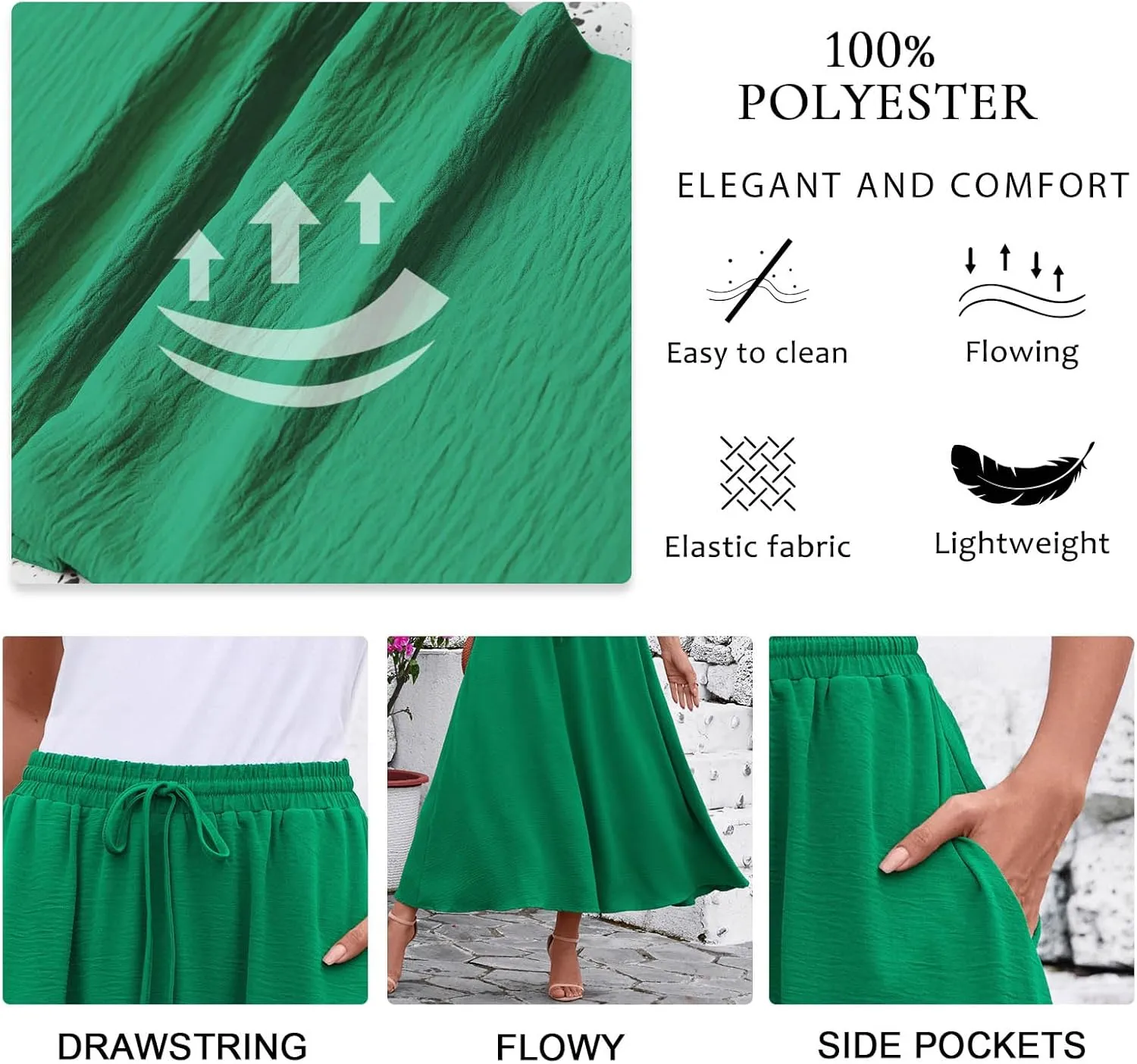 Aodemo Women's Flowy Maxi Skirt Summer Boho Pleated Elastic Waisted Casual Beach Long Skirts with Pockets
