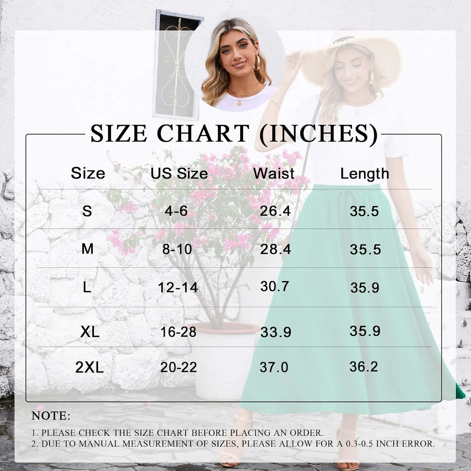 Aodemo Women's Flowy Maxi Skirt Summer Boho Pleated Elastic Waisted Casual Beach Long Skirts with Pockets