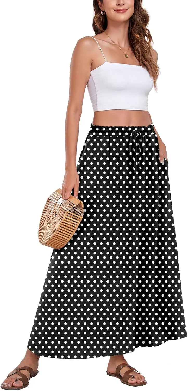 Aodemo Women's Flowy Maxi Skirt Summer Boho Pleated Elastic Waisted Casual Beach Long Skirts with Pockets