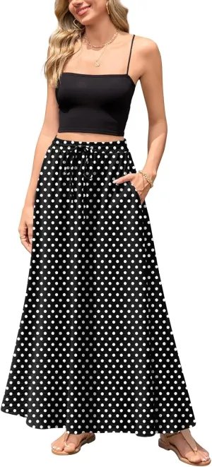 Aodemo Women's Flowy Maxi Skirt Summer Boho Pleated Elastic Waisted Casual Beach Long Skirts with Pockets