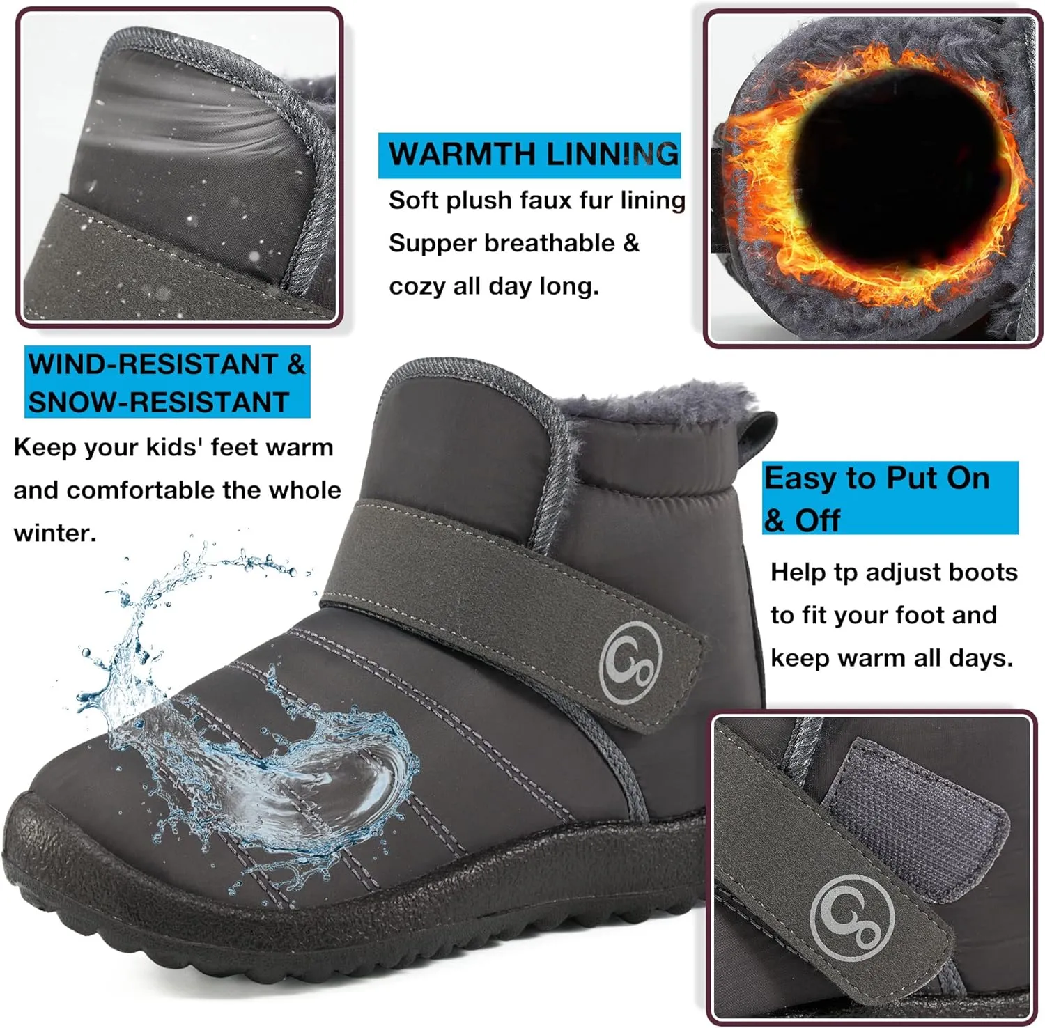 Aomigoct Boys Girls Winter Snow Boots: Waterproof Toddler Little Kid Boot with Fur Lined Easy Handles Unisex Child Warm Booties Comfortable Non Slip Walking