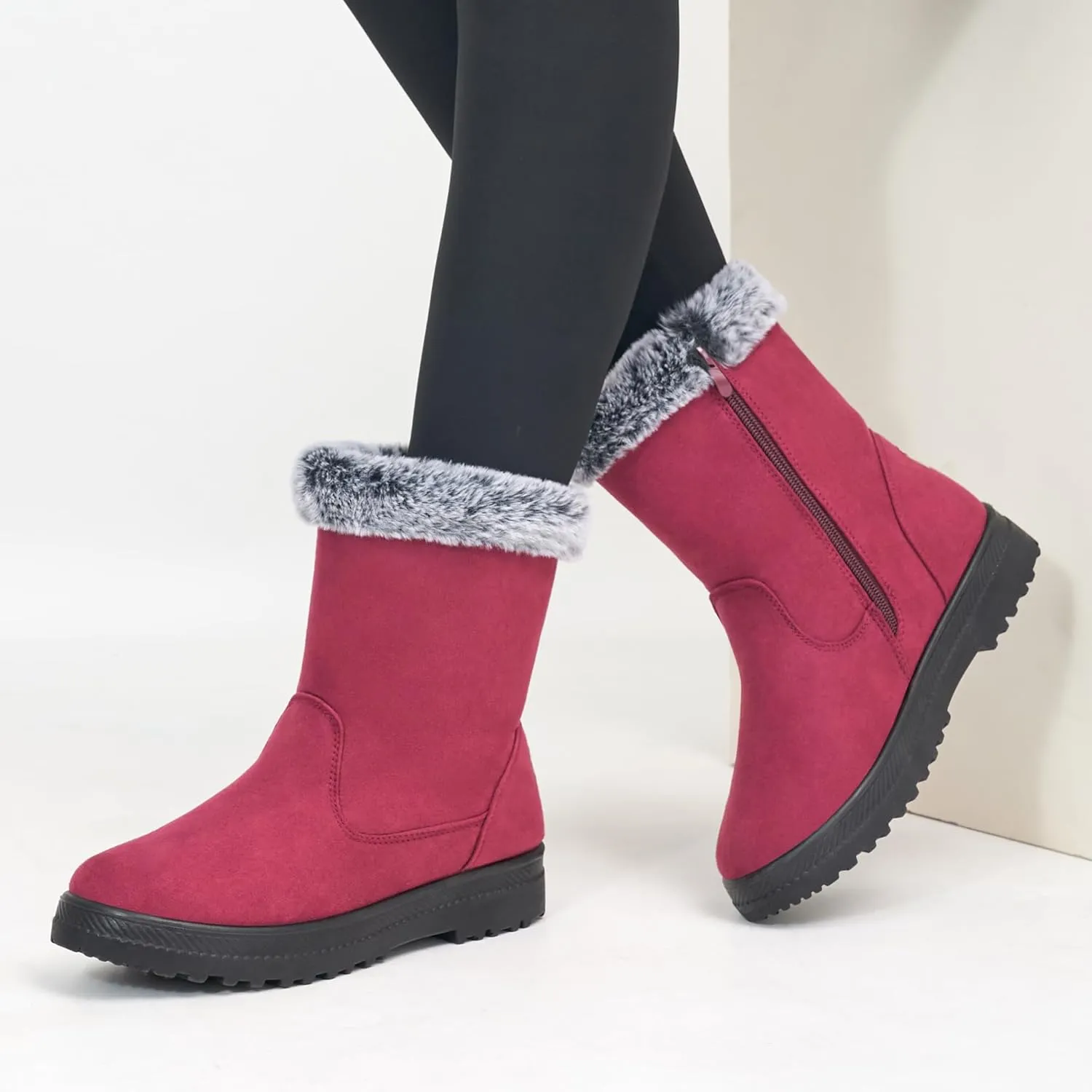Aomigoct Warm Winter Boots for Women: Fur Lined Mid Calf Boots for Women Comfortale Zipper Womens Snow Boots Waterproof Walking Outdoor