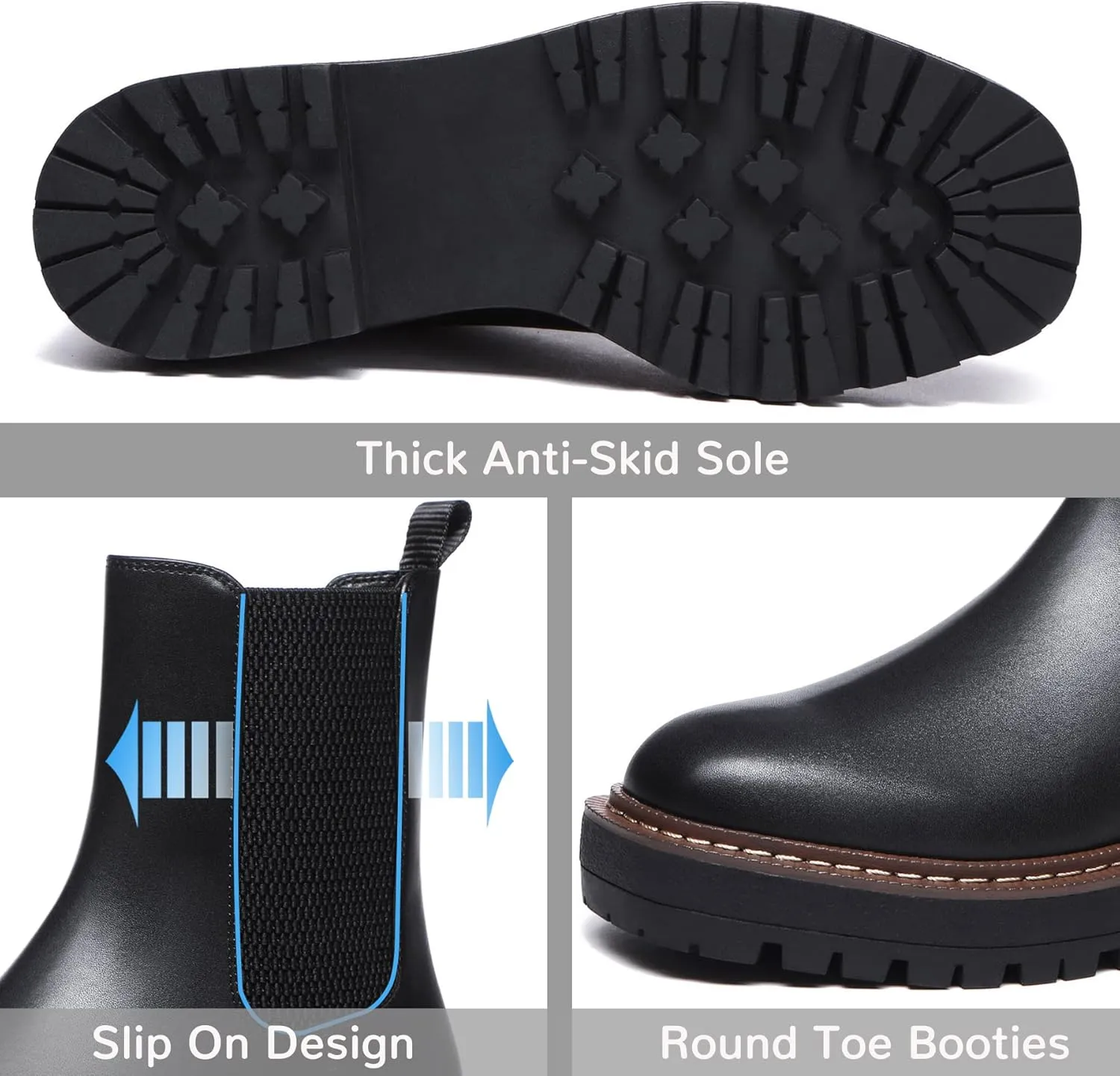 Athlefit Women's Chelsea Ankle Boots Platform Slip On Chunky Heel Lug Sole Leather Booties
