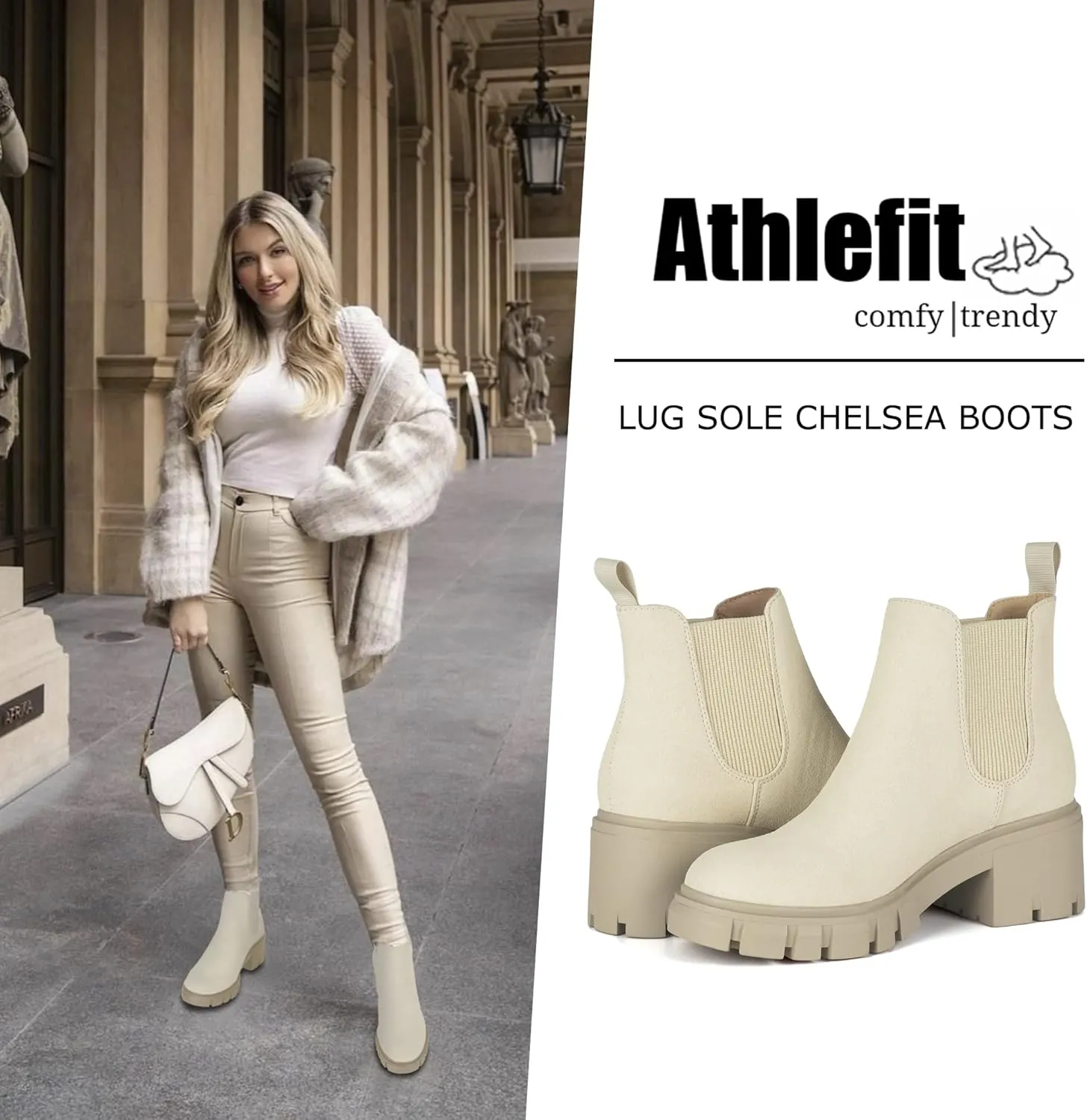 Athlefit Women's Chelsea Boots Fashion Lug Sole Chunky Heel Slip on Elastic Ankle Booties