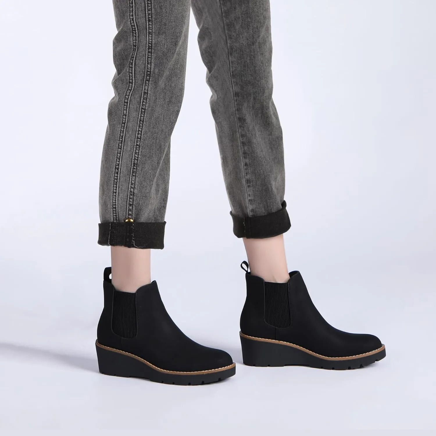 Athlefit Women's Chelsea Wedge Boots Elastic Platform Lug Sole Slip on Wedge Ankle Booties