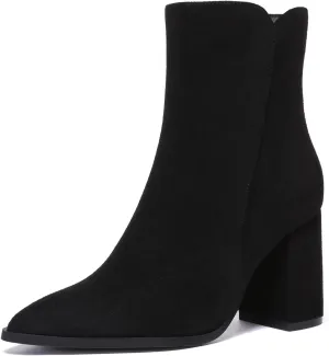Athlefit Women's Heeled Ankle Boots Fashion Pointed Toe Chunky Block Heel Side Zipper Short Booties
