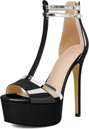 AUMOTED Women High Heels Stiletto Sandals Open Peep Toe Platform Heels T-Strap Heeled Sandals with Zipper Silver Double Ankle Strap 5.5 Inch Summer Fashion Sandals