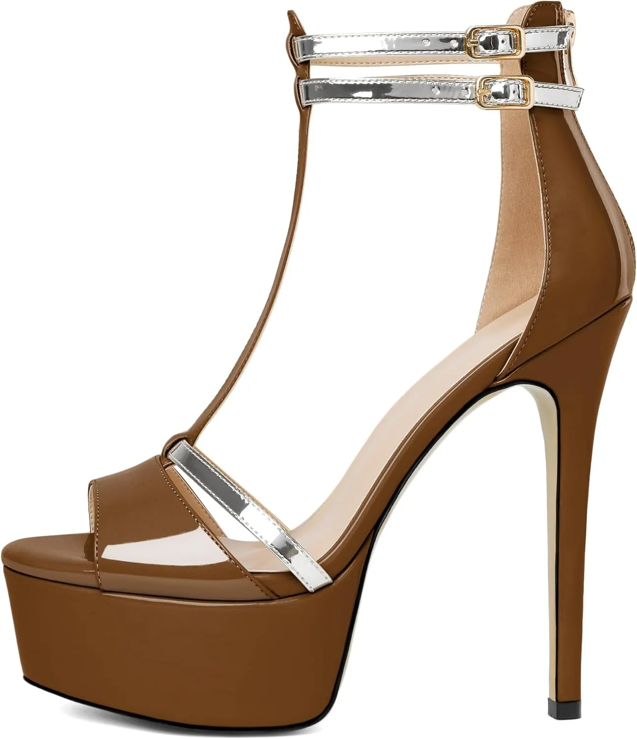 AUMOTED Women High Heels Stiletto Sandals Open Peep Toe Platform Heels T-Strap Heeled Sandals with Zipper Silver Double Ankle Strap 5.5 Inch Summer Fashion Sandals