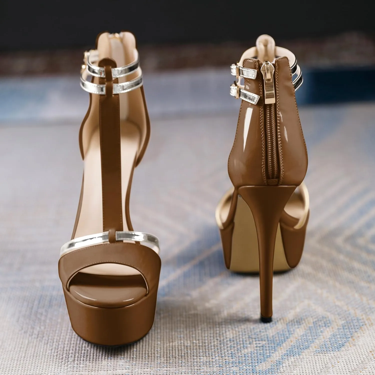 AUMOTED Women High Heels Stiletto Sandals Open Peep Toe Platform Heels T-Strap Heeled Sandals with Zipper Silver Double Ankle Strap 5.5 Inch Summer Fashion Sandals