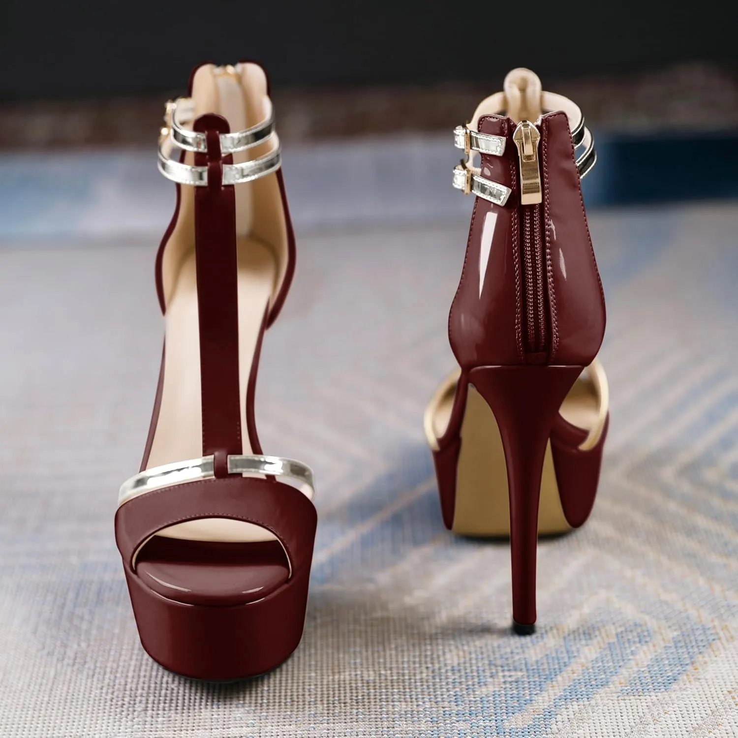 AUMOTED Women High Heels Stiletto Sandals Open Peep Toe Platform Heels T-Strap Heeled Sandals with Zipper Silver Double Ankle Strap 5.5 Inch Summer Fashion Sandals