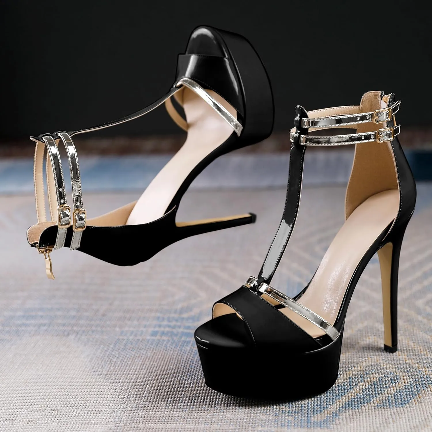 AUMOTED Women High Heels Stiletto Sandals Open Peep Toe Platform Heels T-Strap Heeled Sandals with Zipper Silver Double Ankle Strap 5.5 Inch Summer Fashion Sandals