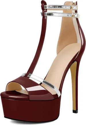 AUMOTED Women High Heels Stiletto Sandals Open Peep Toe Platform Heels T-Strap Heeled Sandals with Zipper Silver Double Ankle Strap 5.5 Inch Summer Fashion Sandals