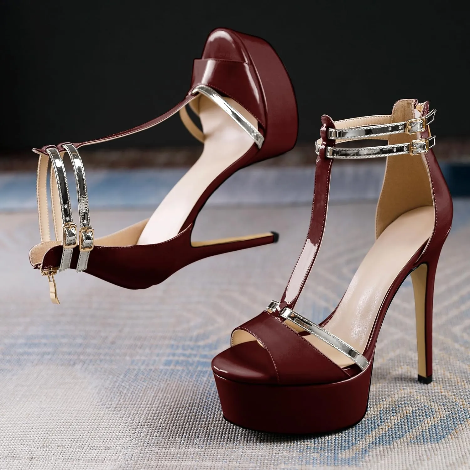 AUMOTED Women High Heels Stiletto Sandals Open Peep Toe Platform Heels T-Strap Heeled Sandals with Zipper Silver Double Ankle Strap 5.5 Inch Summer Fashion Sandals