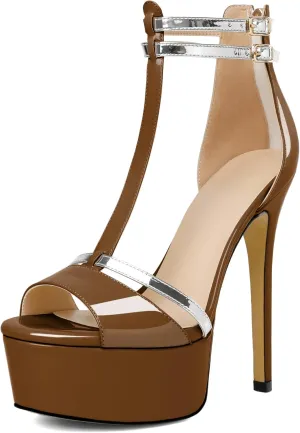 AUMOTED Women High Heels Stiletto Sandals Open Peep Toe Platform Heels T-Strap Heeled Sandals with Zipper Silver Double Ankle Strap 5.5 Inch Summer Fashion Sandals